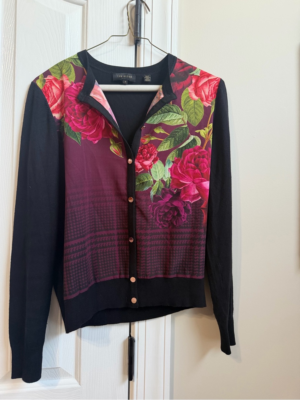 Ted Baker Black & Burgundy Floral-Print Cardigan Jacket